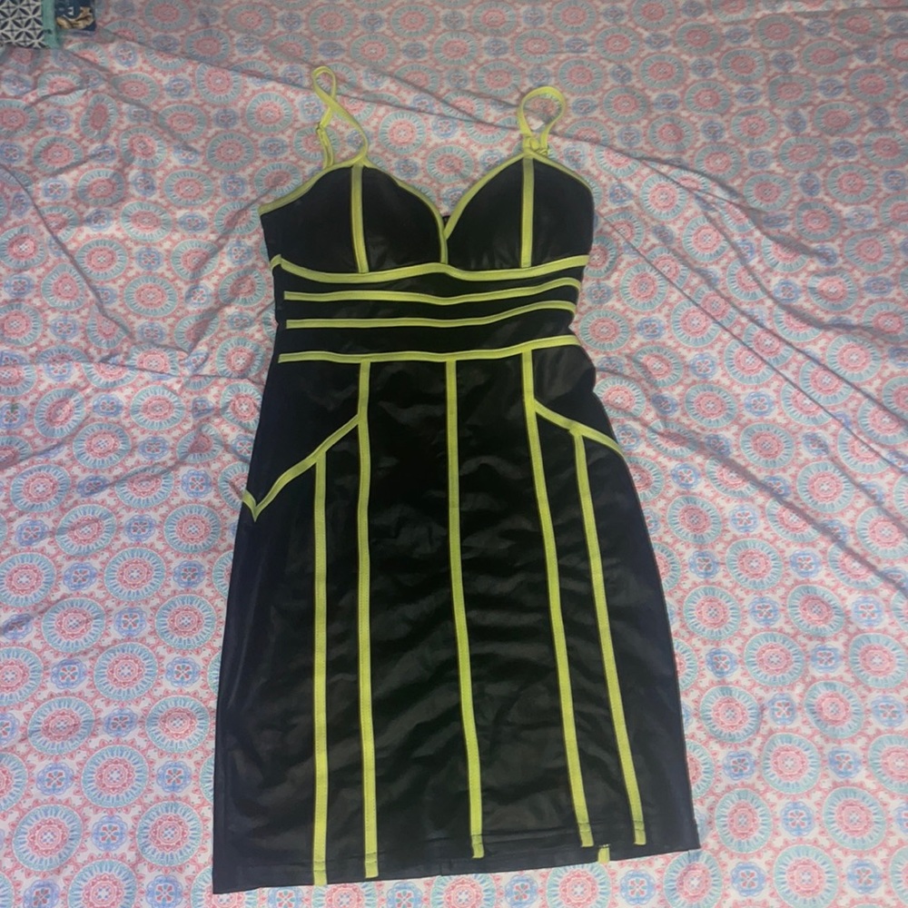 Black strappy dress with neon green lines size XS